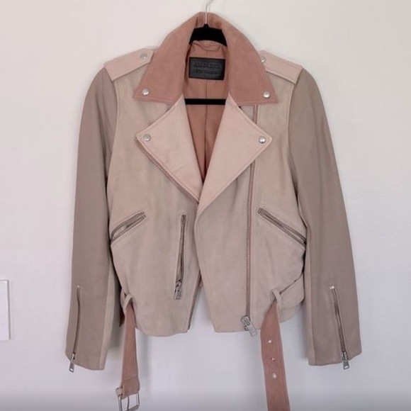 All Saints Pink Balfern Suede & Leather Biker Jacket - Size 4 - Picture 3 of 14